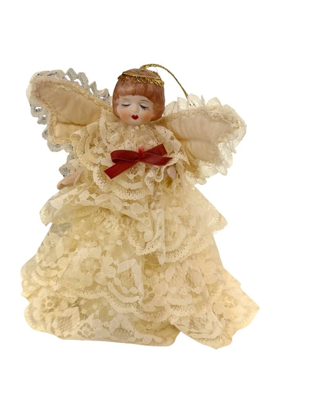 Vintage MidWest Taiwan Lace Angel Christmas Tree Ornament Cream Lace Dress 6 Inc